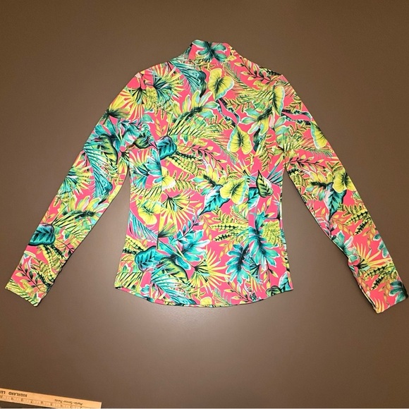 NWOT Tommy Bahama Active Golf Pink/Green Tropical Half Zip Long Sleeve Top Med - Picture 2 of 10